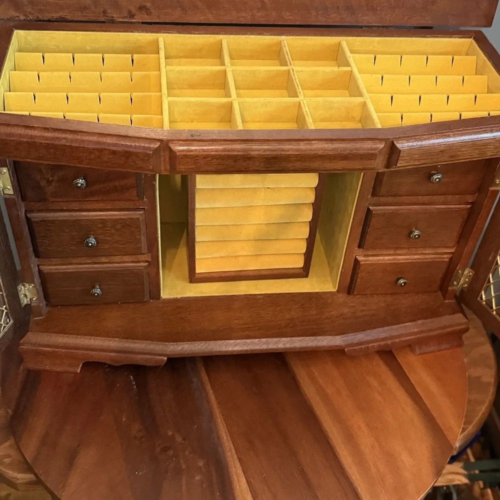 Large Vintage Wooden Jewelry Box Armoire Chest Mirror 6 Drawers 18